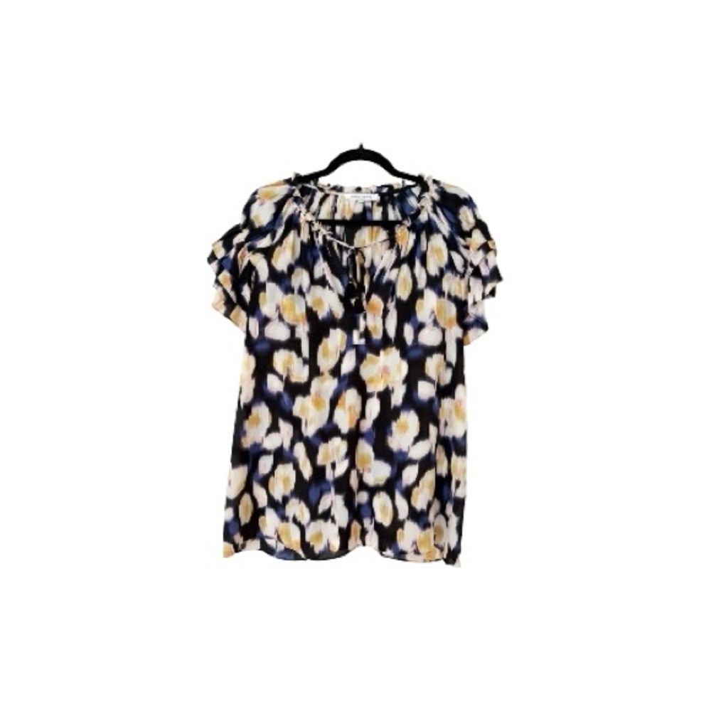 Rose & Olive Navy Blue Yellow Floral Flutter Ruffled Sleeves Blouse Size 1X